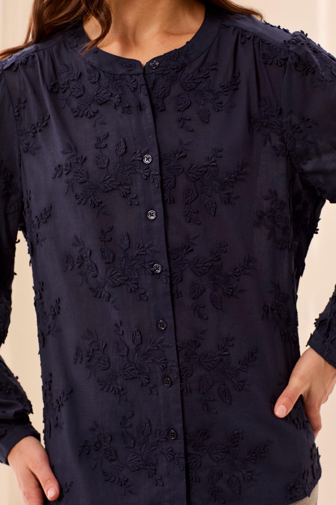 Broderick's Clothing Co. navy blue long sleeve button-down blouse with intricate tonal floral embroidery