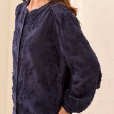 Broderick's Clothing Co. navy blue long sleeve button-down blouse with intricate tonal floral embroidery