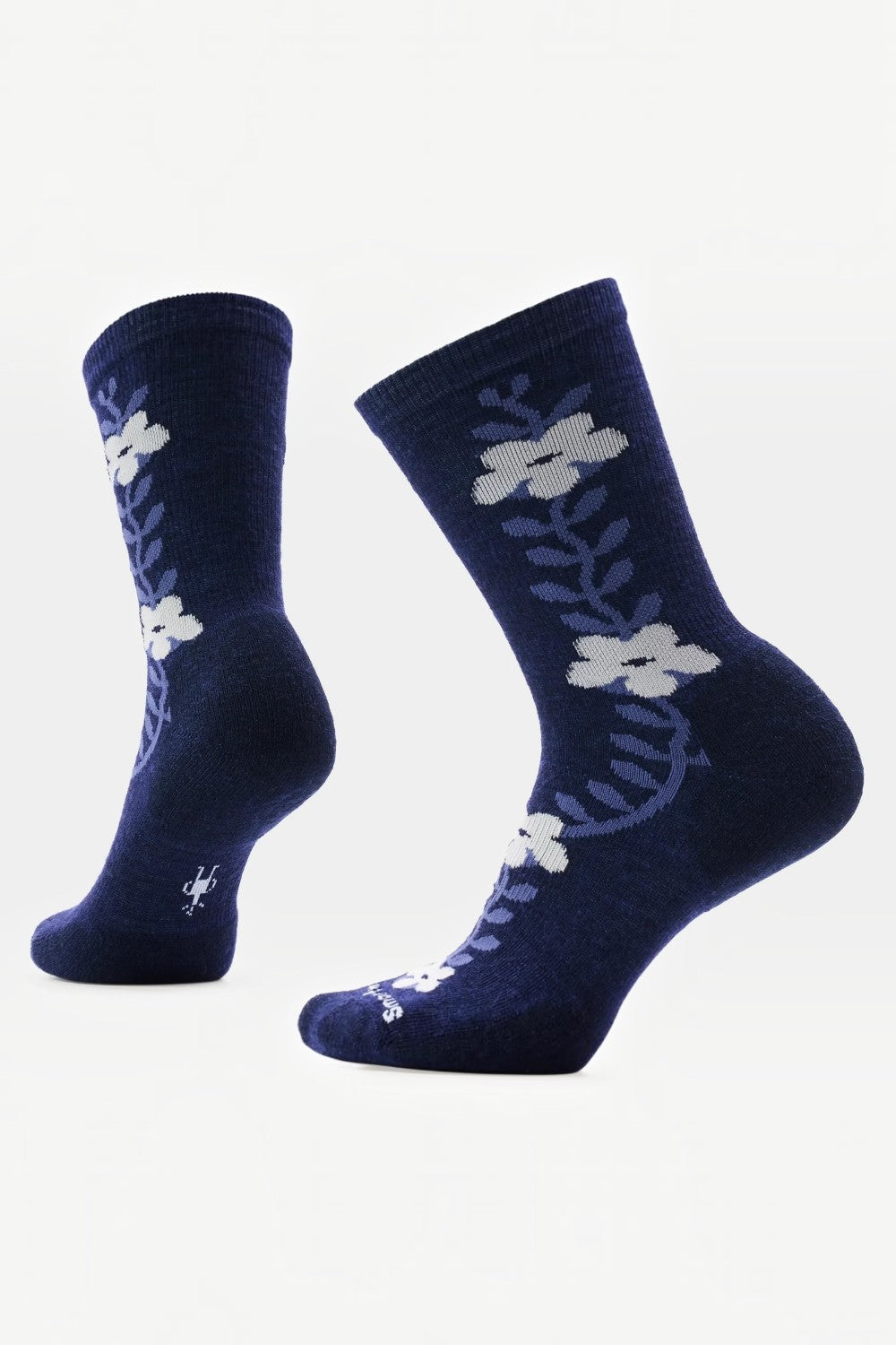 Broderick's Clothing Co. Smartwool women's navy blue crew socks with white garden vine floral pattern