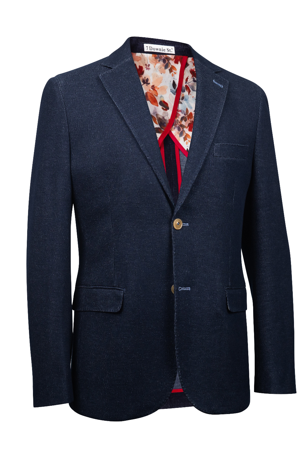 Broderick's Clothing Co. 7 Downie St. navy denim-look knit sport coat with vibrant floral interior lining