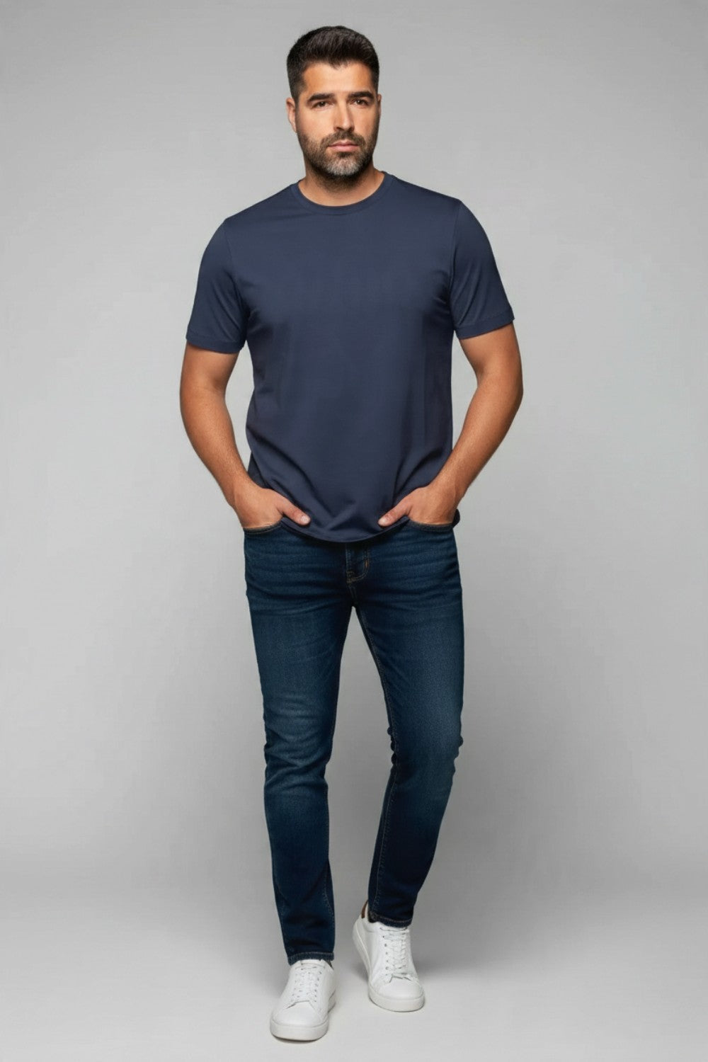 Broderick's Clothing Co. Au Noir C-MAVEN navy blue crew neck t-shirt in mercerized cotton blend worn by a man