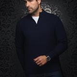 Broderick's Clothing Co. navy blue merino wool blend quarter zip sweater with rib-knit cuffs on a male model