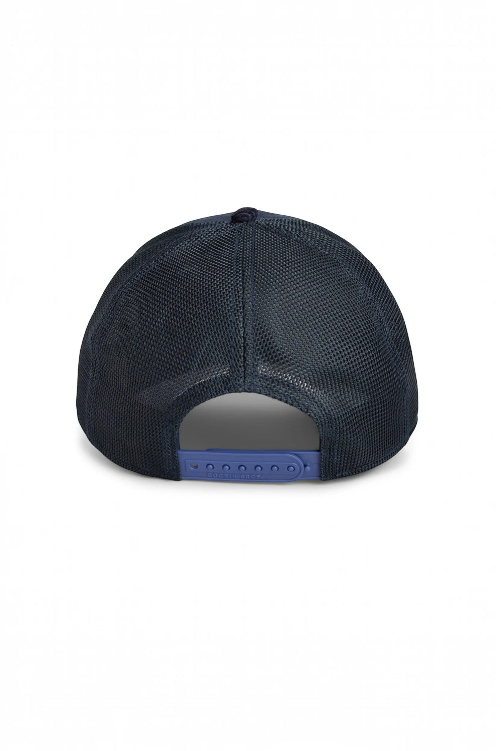 Back view of a navy blue Goorin Bros. SHADOW REMIX trucker hat with mesh panels and a blue snapback, Broderick's Clothing Co.
