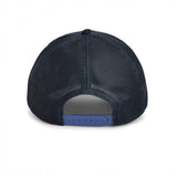 Back view of a navy blue Goorin Bros. SHADOW REMIX trucker hat with mesh panels and a blue snapback, Broderick's Clothing Co.