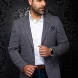 Broderick's Clothing Co. Au Noir KONRAD navy mix single breasted blazer with flap pockets on a man