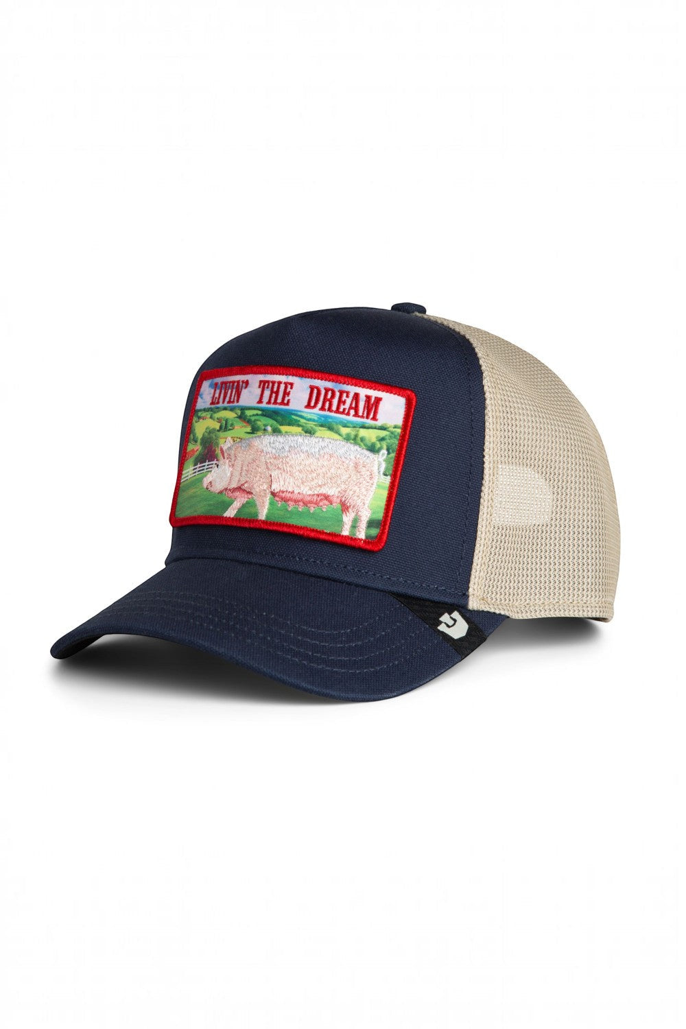 Broderick's Clothing Co. Goorin Bros. navy and beige trucker hat featuring a Livin' The Dream pig patch