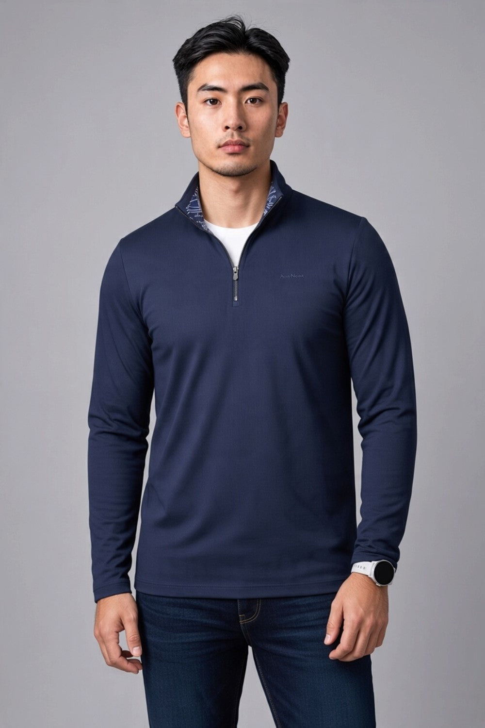 Broderick's Clothing Co. Au Noir BONNEFOI navy quarter-zip sport sweater with patterned inner collar on a model