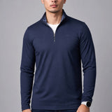 Broderick's Clothing Co. Au Noir BONNEFOI navy quarter-zip sport sweater with patterned inner collar on a model