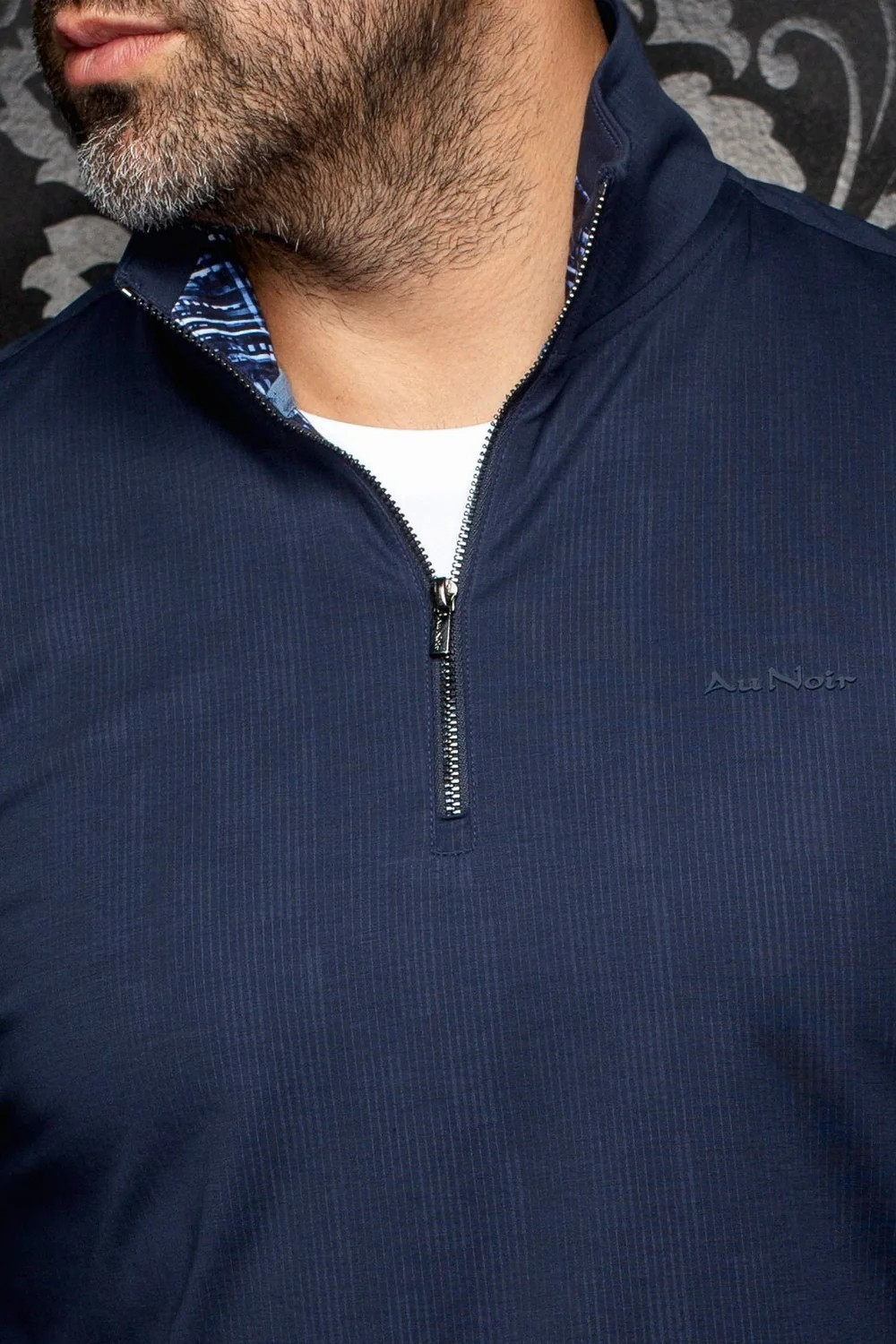 Broderick's Clothing Co. Au Noir BONNEFOI navy blue quarter-zip sport sweater with subtle pinstripe texture