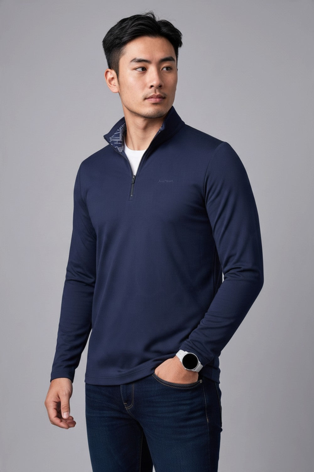Broderick's Clothing Co. Au Noir BONNEFOI navy blue quarter-zip sport sweater with patterned inner collar detail.