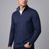 Broderick's Clothing Co. Au Noir BONNEFOI navy blue quarter-zip sport sweater with patterned inner collar detail.