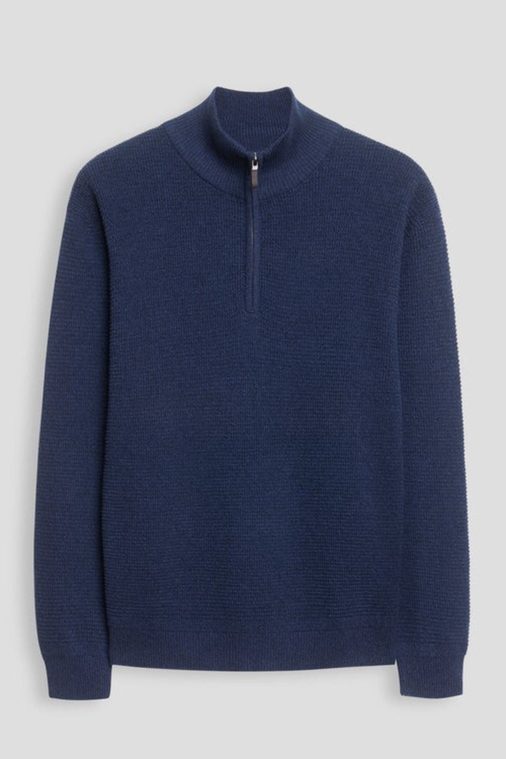 Broderick's Clothing Co. navy blue textured cotton quarter-zip sweater with a stand collar and ribbed cuffs.