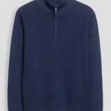 Broderick's Clothing Co. navy blue textured cotton quarter-zip sweater with a stand collar and ribbed cuffs.