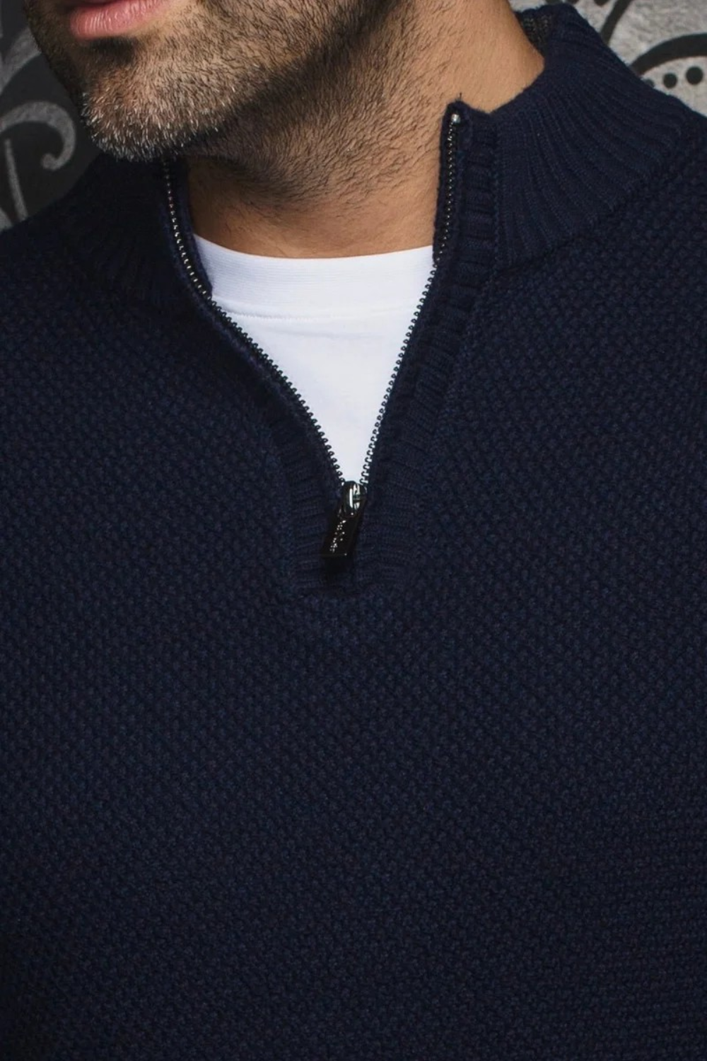 Broderick's Clothing Co. navy blue merino wool blend quarter zip sweater with a metal zipper and rib-knit collar