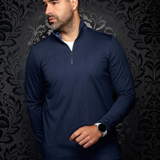 Broderick's Clothing Co. Au Noir BONNEFOI navy blue quarter-zip sport sweater worn by a man against damask wallpaper