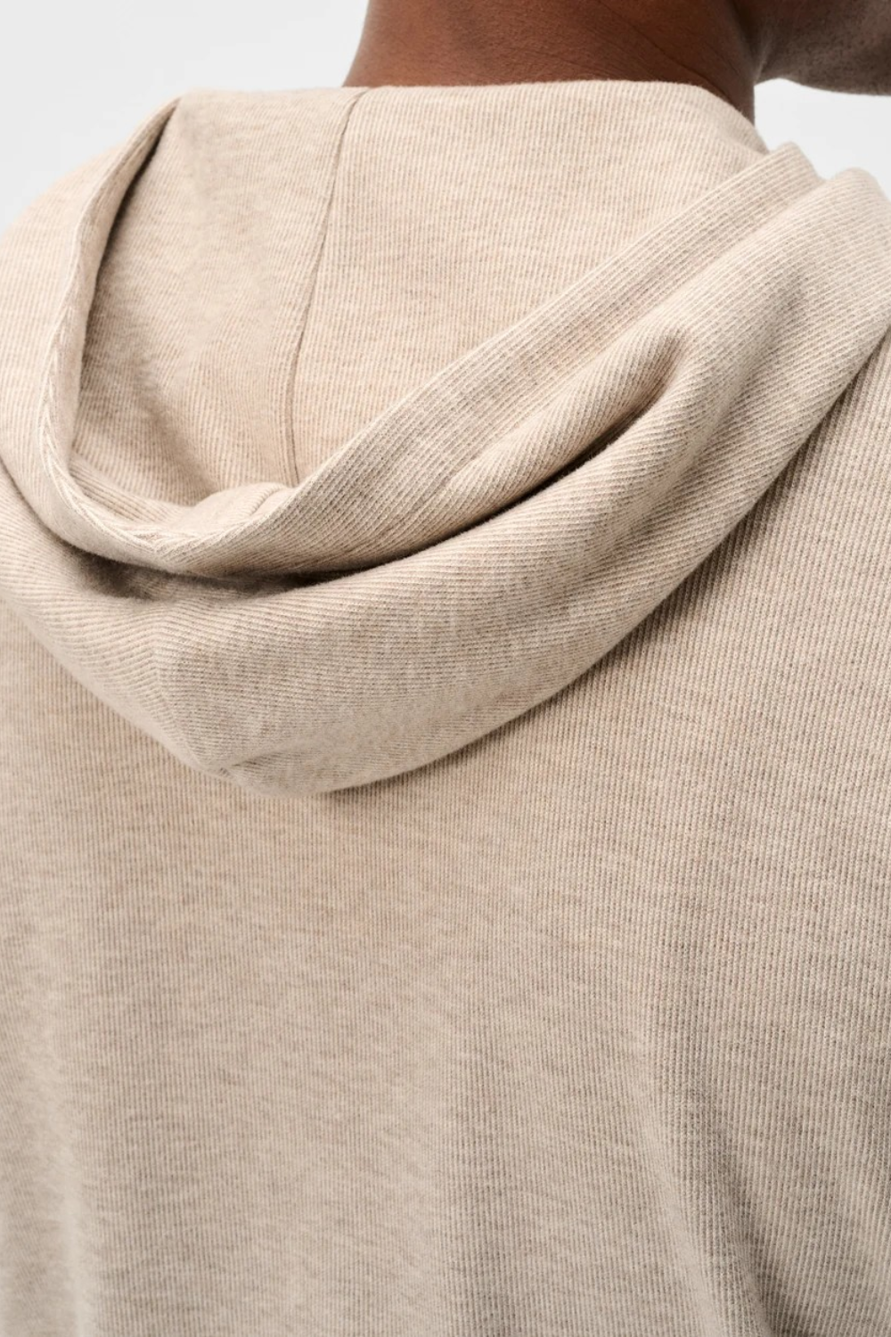 Broderick's Clothing Co. oatmeal heathered cotton-spandex hoodie showing the back view and hood detail