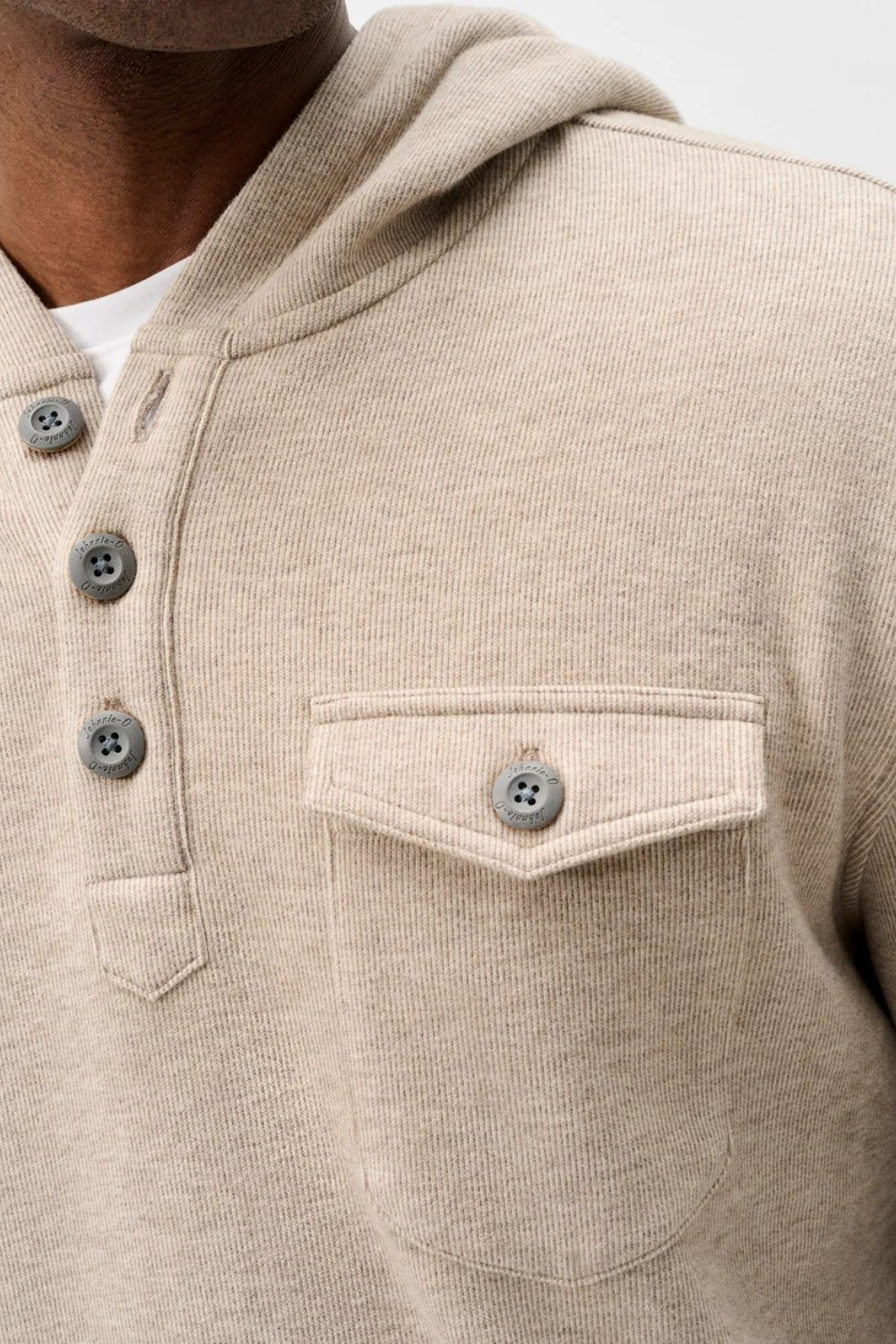 Broderick's Clothing Co. oatmeal heathered cotton-spandex button henley hoodie with a chest pocket