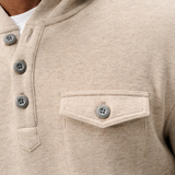 Broderick's Clothing Co. oatmeal heathered cotton-spandex button henley hoodie with a chest pocket