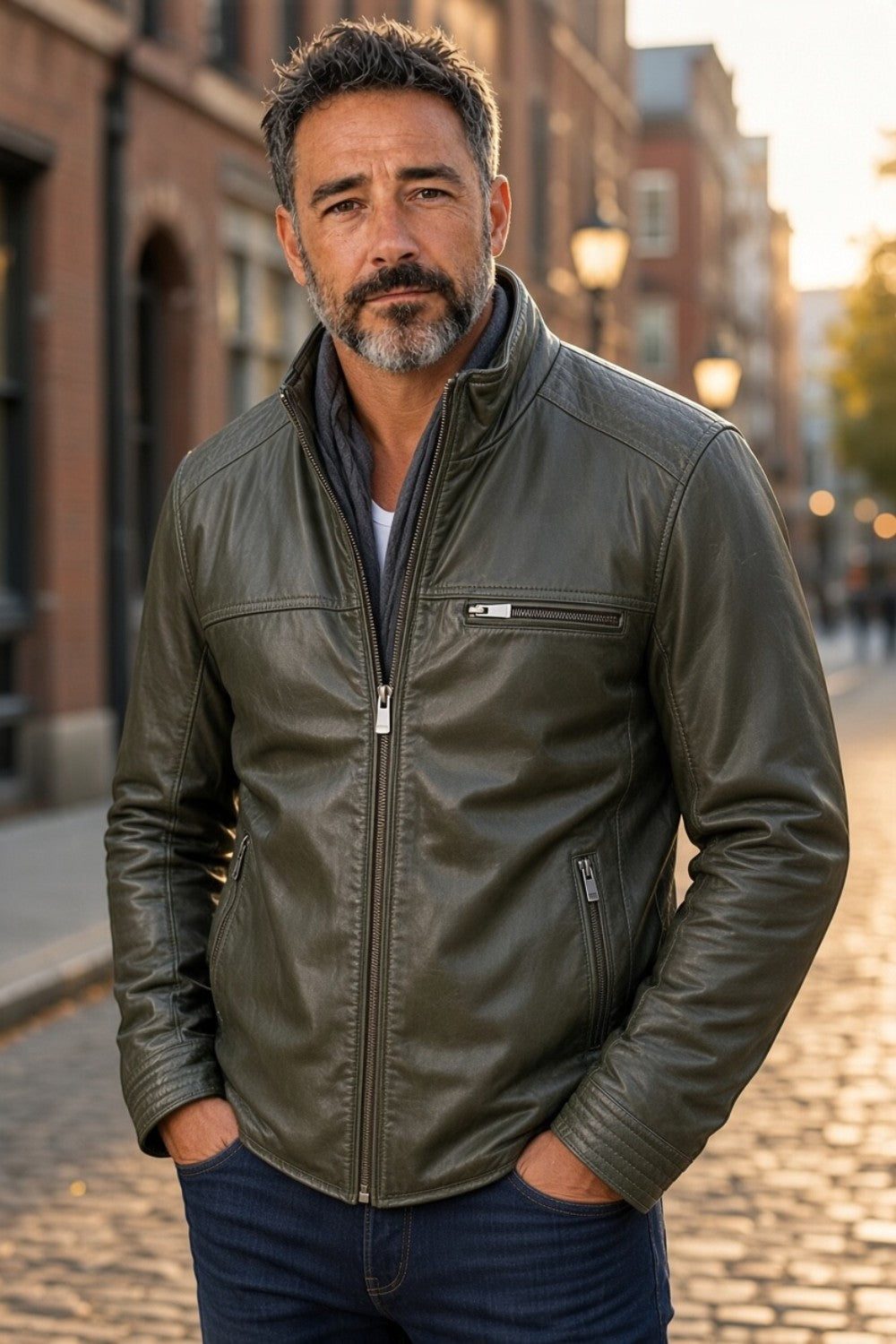 Broderick's Clothing Co. olive green leather bomber jacket with a stand-up collar worn by a man on a city street.