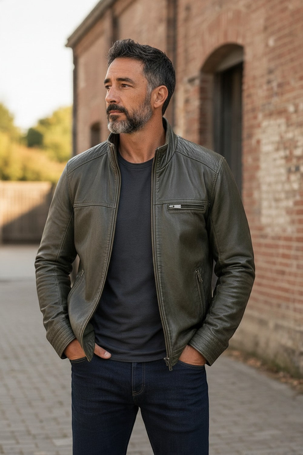 Broderick's Clothing Co. olive green leather bomber jacket with stand-up collar worn by a man outdoors.