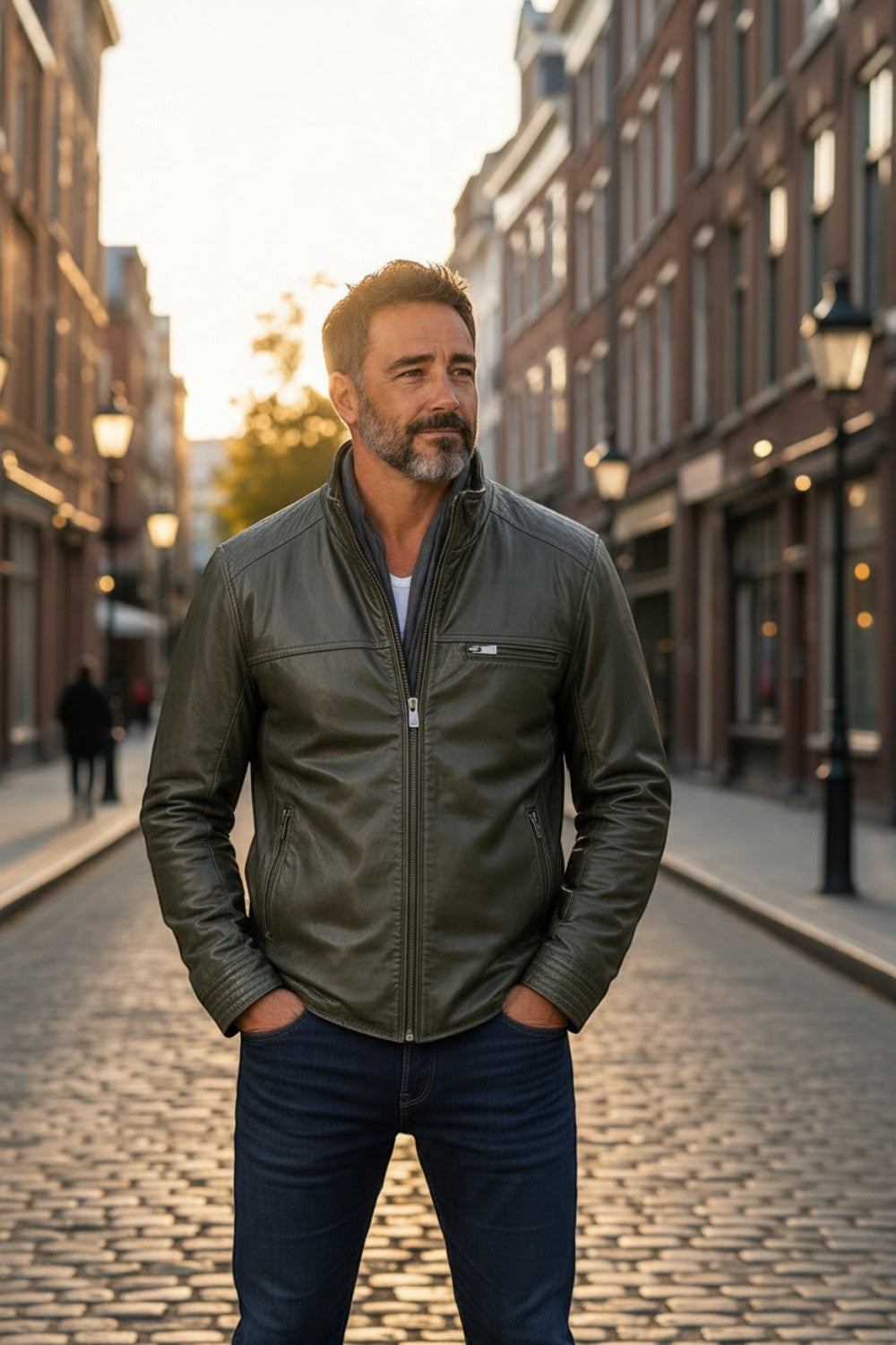 Broderick's Clothing Co. olive green leather bomber jacket with stand-up collar worn by a man on a cobblestone street.