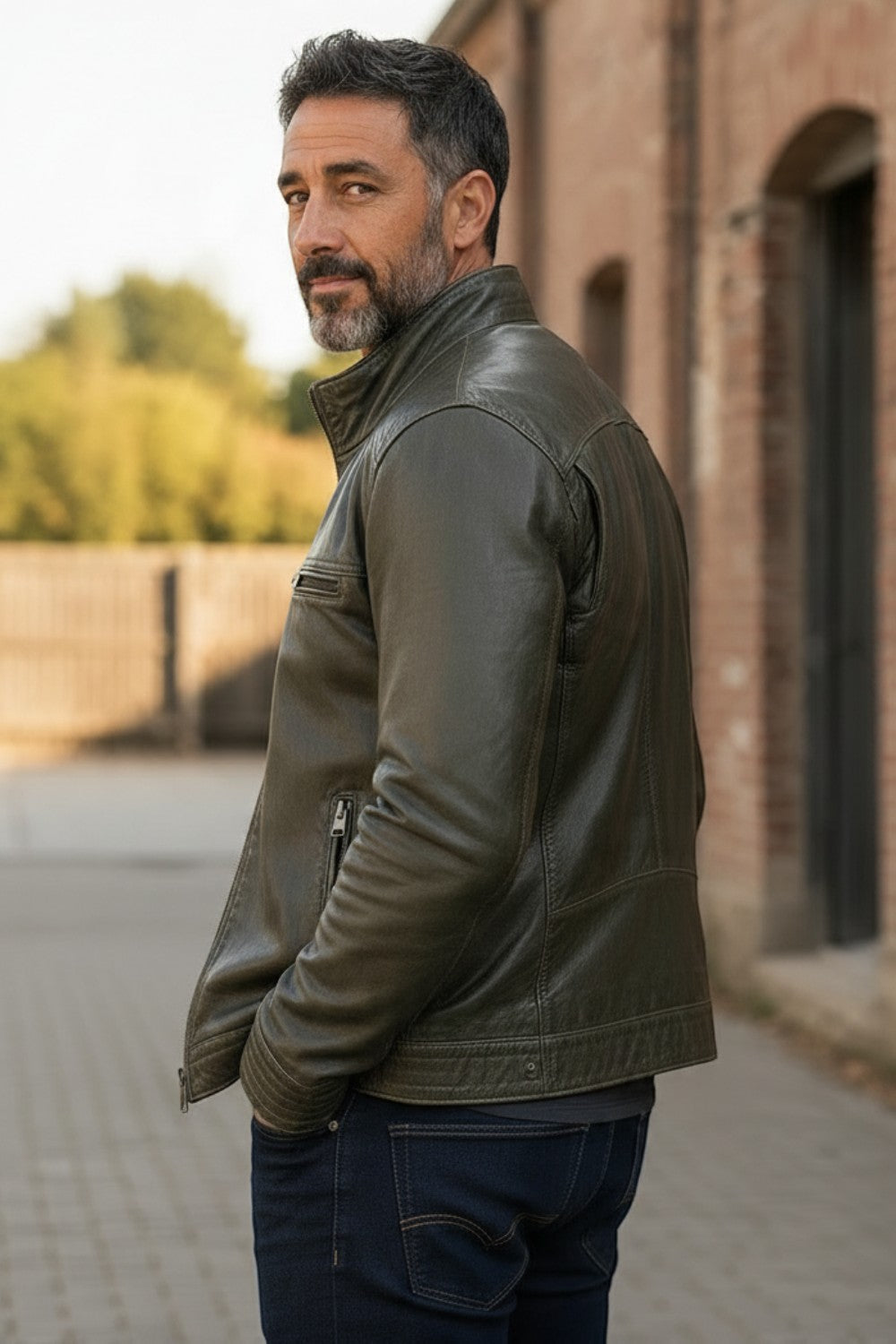 Broderick's Clothing Co. olive green leather bomber jacket with stand-up collar worn by a man in a side profile view.