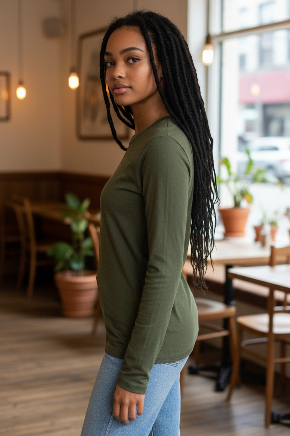 Model wearing a Broderick's Clothing Co. Shannon Passero Zoya olive green long-sleeve top with 4-way stretch fabric.