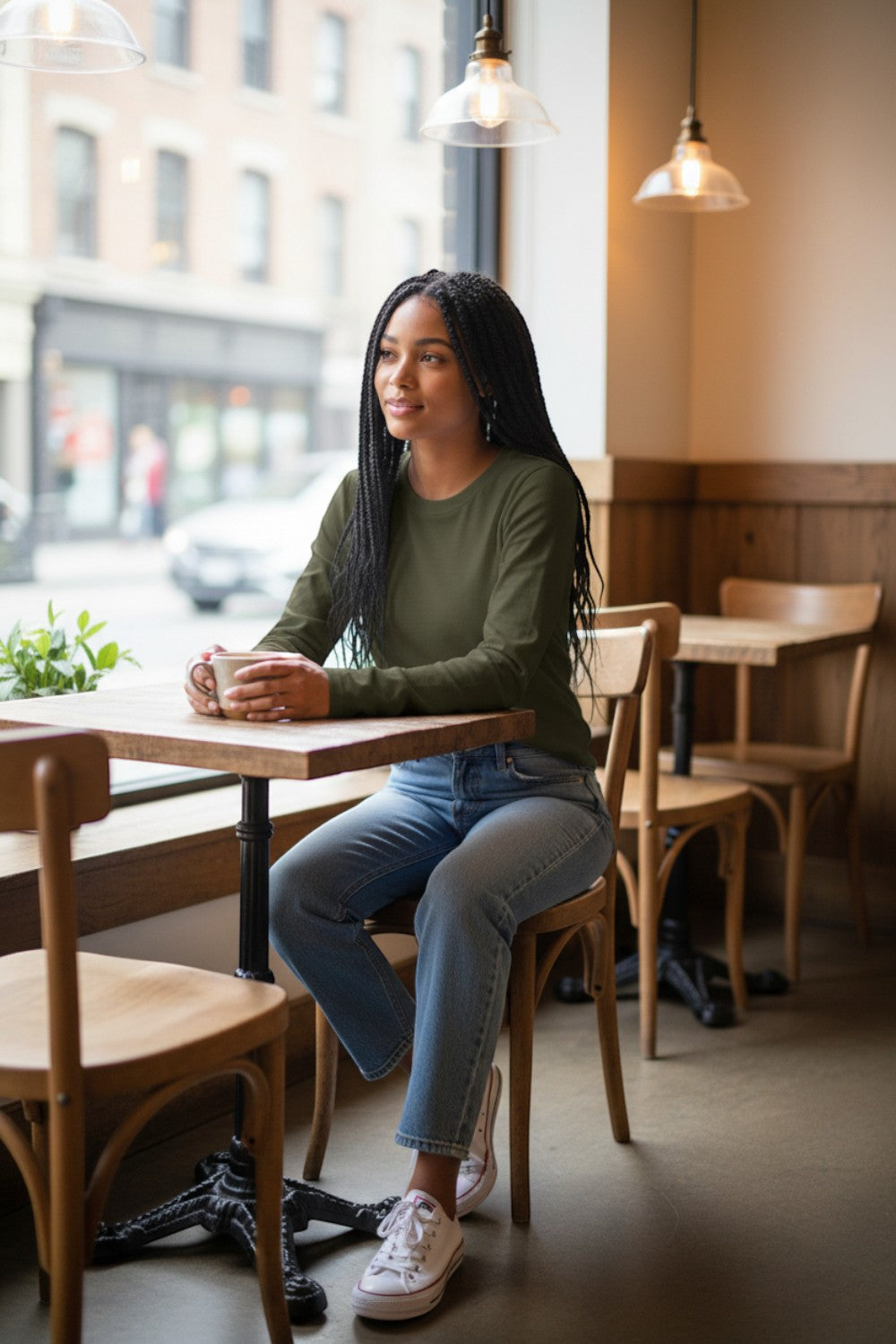 Model wearing a Broderick's Clothing Co. Shannon Passero Zoya olive green long-sleeve top with jeans in a cafe