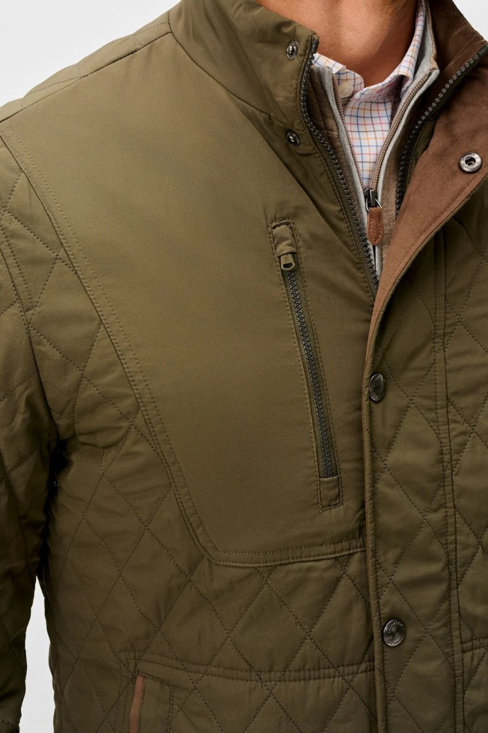 Broderick's Clothing Co. olive green diamond-quilted snap jacket with performance suede trim and zip chest pocket.