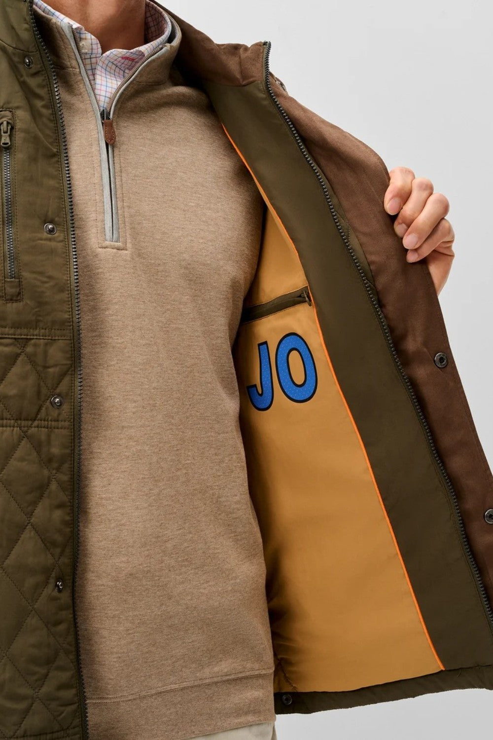 Broderick's Clothing Co. Johnnie-O olive diamond-quilted snap jacket with interior pocket and orange trim details