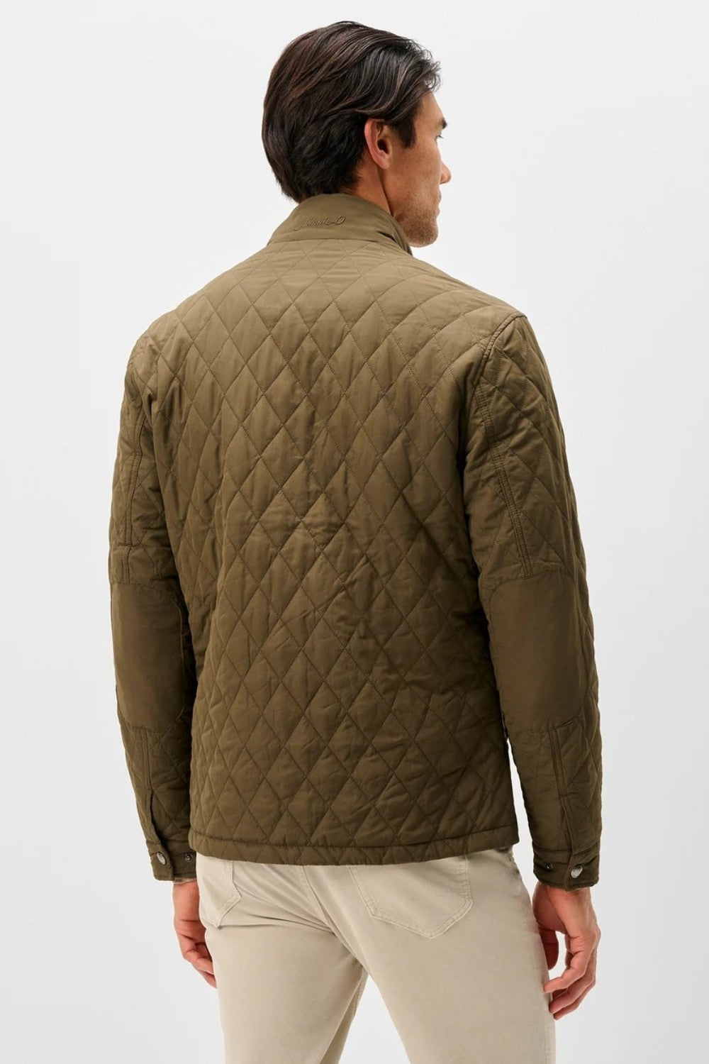 Broderick's Clothing Co. Johnnie-O Juno olive green diamond-quilted snap jacket worn by a man, back view