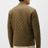 Broderick's Clothing Co. Johnnie-O Juno olive green diamond-quilted snap jacket worn by a man, back view