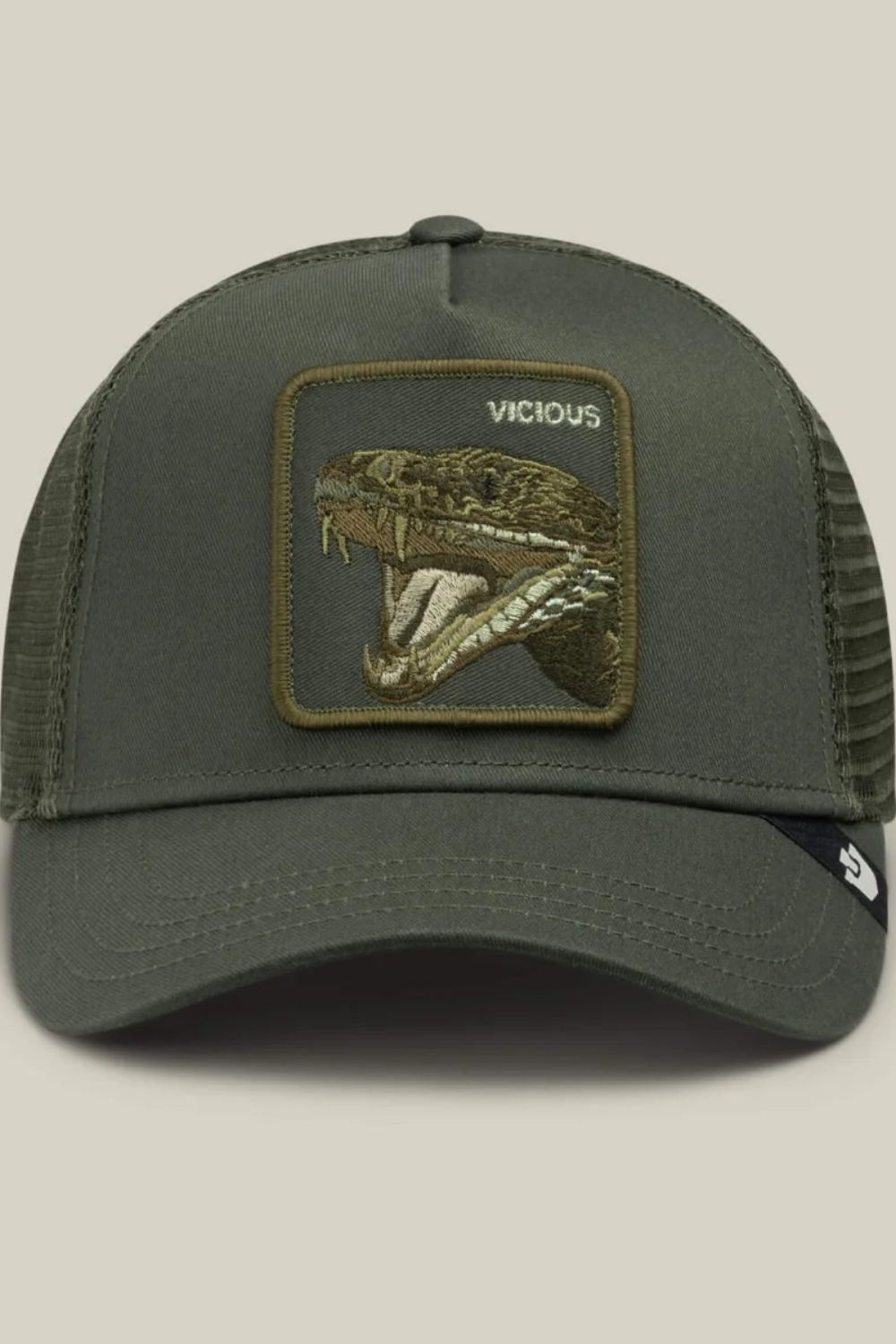 Broderick's Clothing Co. olive trucker hat featuring a VICIOUS snake patch, mesh back, and curved brim.