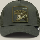 Broderick's Clothing Co. olive trucker hat featuring a VICIOUS snake patch, mesh back, and curved brim.