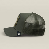 Broderick's Clothing Co. olive green Goorin Bros. Vicious trucker hat with mesh back and snake patch side profile