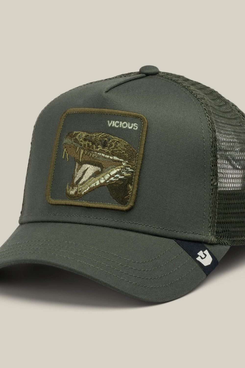 Broderick's Clothing Co. olive green trucker hat featuring a VICIOUS snake patch and breathable mesh back panel.