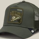 Broderick's Clothing Co. olive green trucker hat featuring a VICIOUS snake patch and breathable mesh back panel.