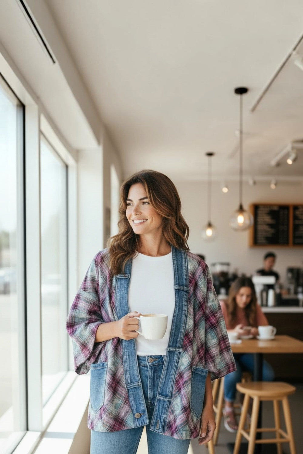 Broderick's Clothing Co. model wearing a plum and teal plaid kimono-style cardigan with denim trim in a cafe.