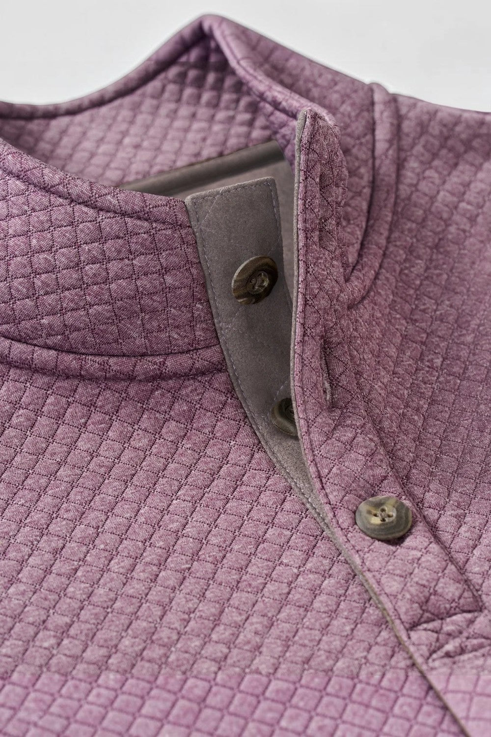 Broderick's Clothing Co. purple diamond knit henley pullover with alcantara suede placket and button detail