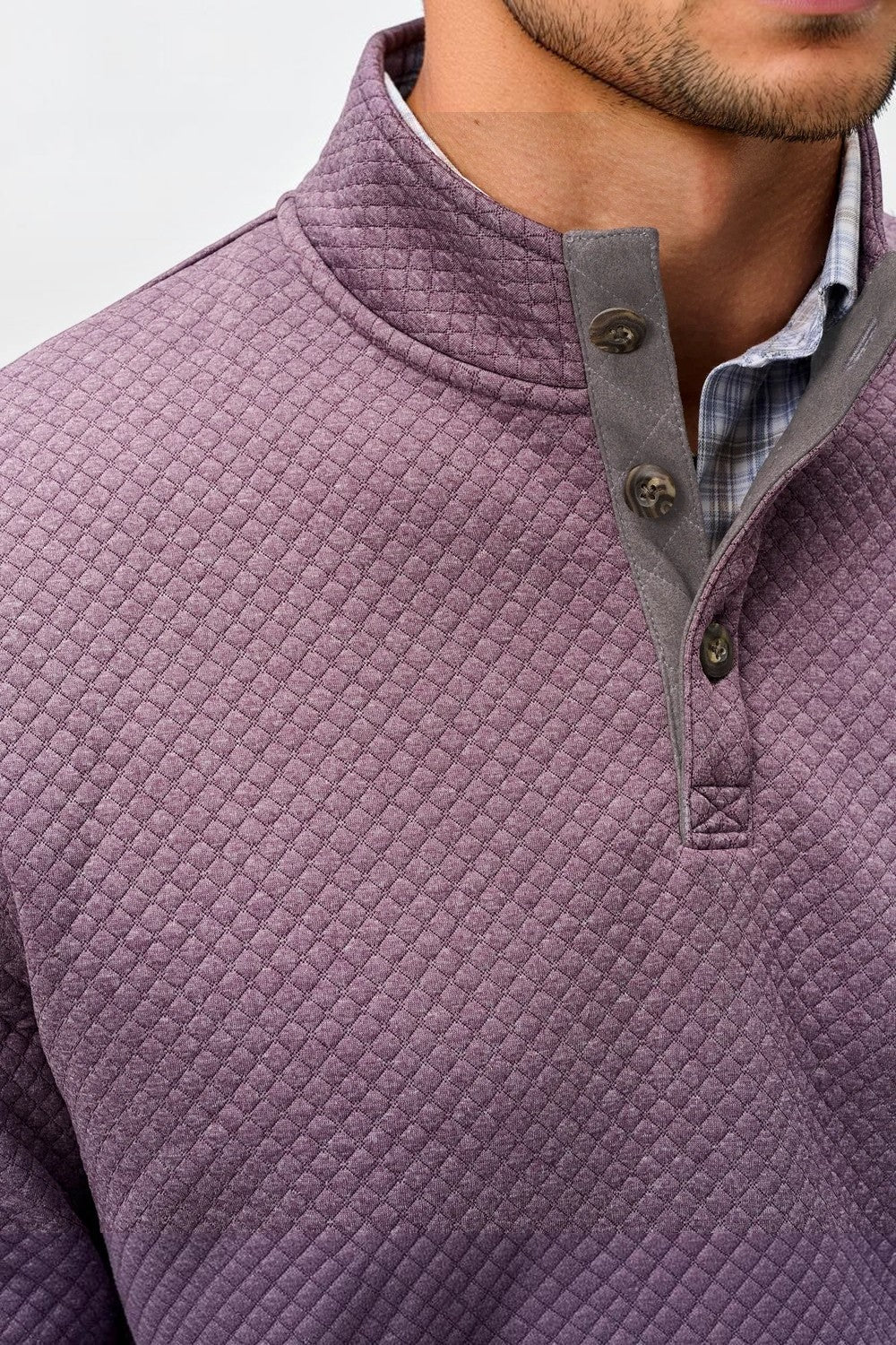 Broderick's Clothing Co. purple diamond-knit henley pullover with alcantara suede placket details