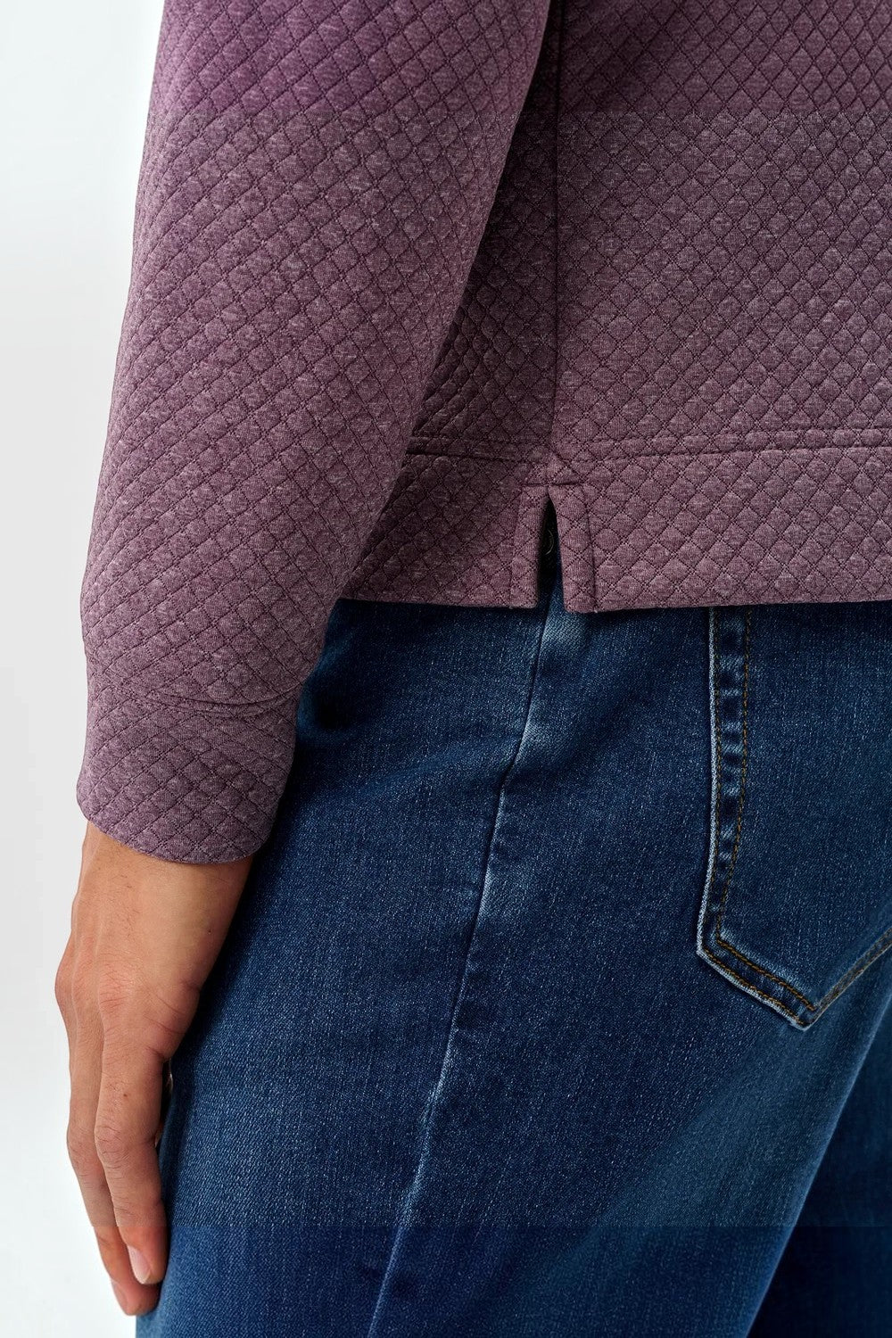 Broderick's Clothing Co. purple moratronic diamond knit henley pullover with side vent detail worn with blue jeans