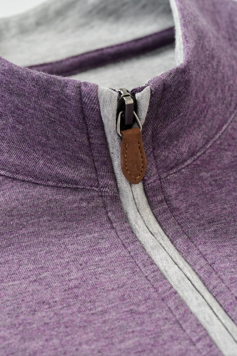 Broderick's Clothing Co. Johnnie-O Sully purple quarter-zip pullover with grey interior and leather zipper pull