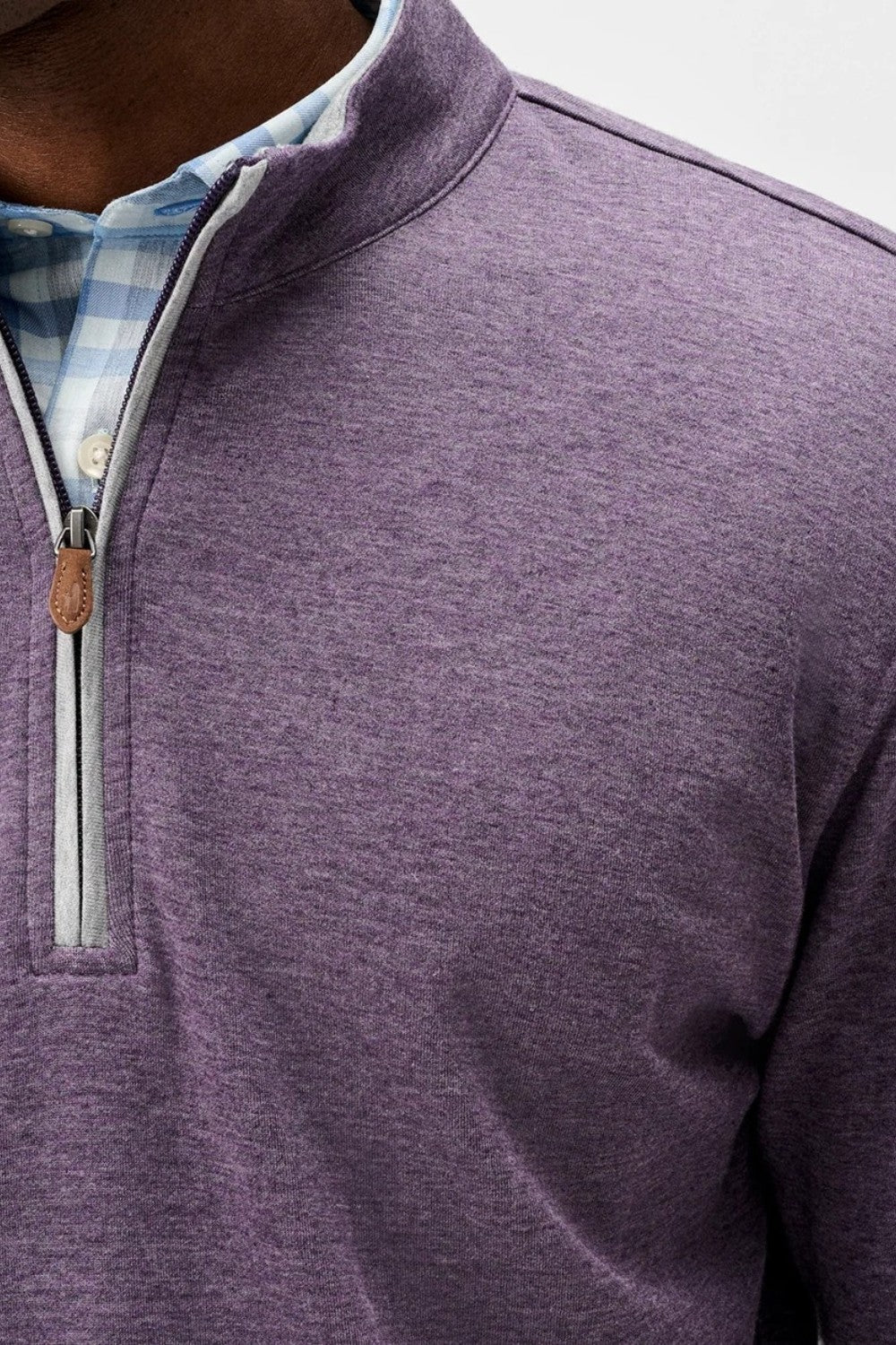 Broderick's Clothing Co. purple Johnnie-O Sully 1/4 zip pullover with leather zipper pull and light blue plaid shirt