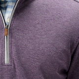 Broderick's Clothing Co. purple Johnnie-O Sully 1/4 zip pullover with leather zipper pull and light blue plaid shirt