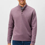 Broderick's Clothing Co. Johnnie-O purple diamond quilted henley pullover with suede placket details on a male model.