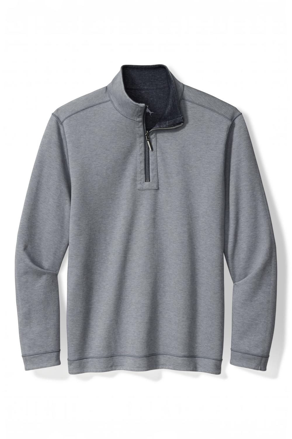Broderick's Clothing Co. Tommy Bahama reversible half-zip sweater in charcoal heather grey with a dark inner collar.