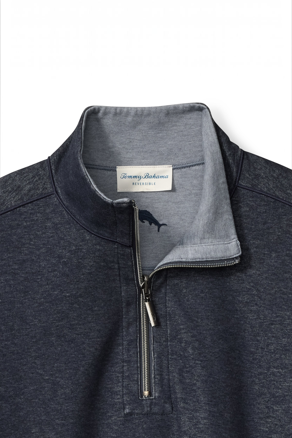 Broderick's Clothing Co. Tommy Bahama reversible half-zip sweater in charcoal heather with a silver zipper.
