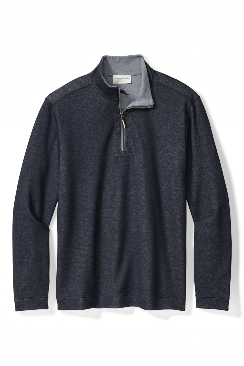 Broderick's Clothing Co. Tommy Bahama reversible half-zip sweater in charcoal heather with a grey inner collar.