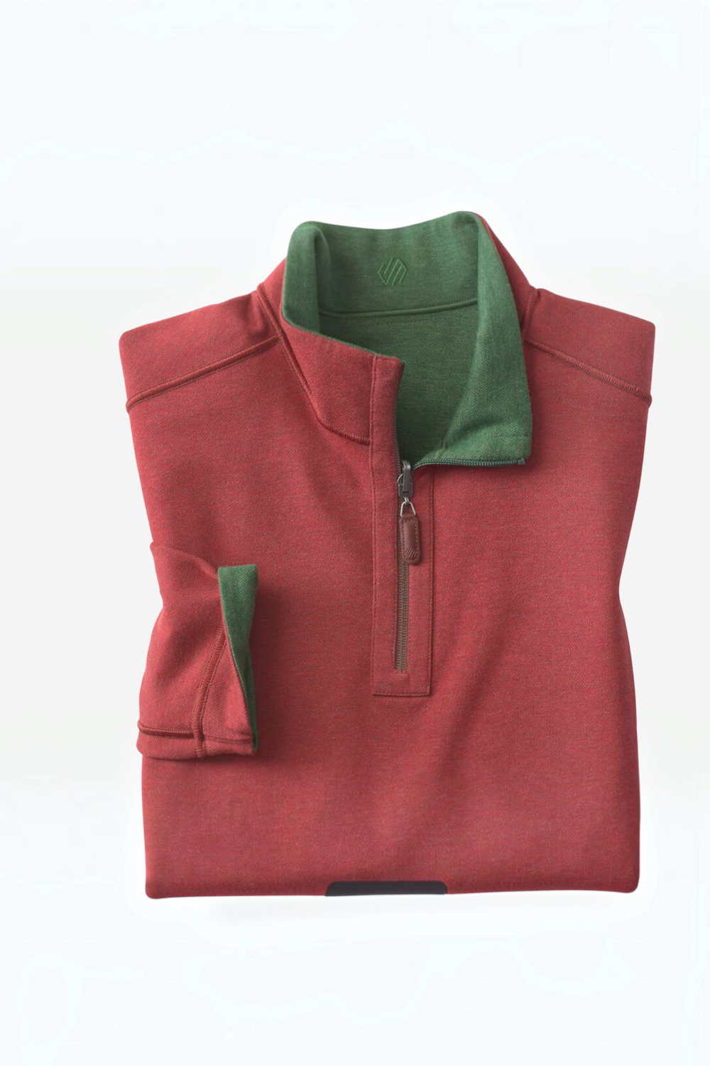 Broderick's Clothing Co. reversible quarter zip in red and green with a stand collar and leather-look zipper pull.