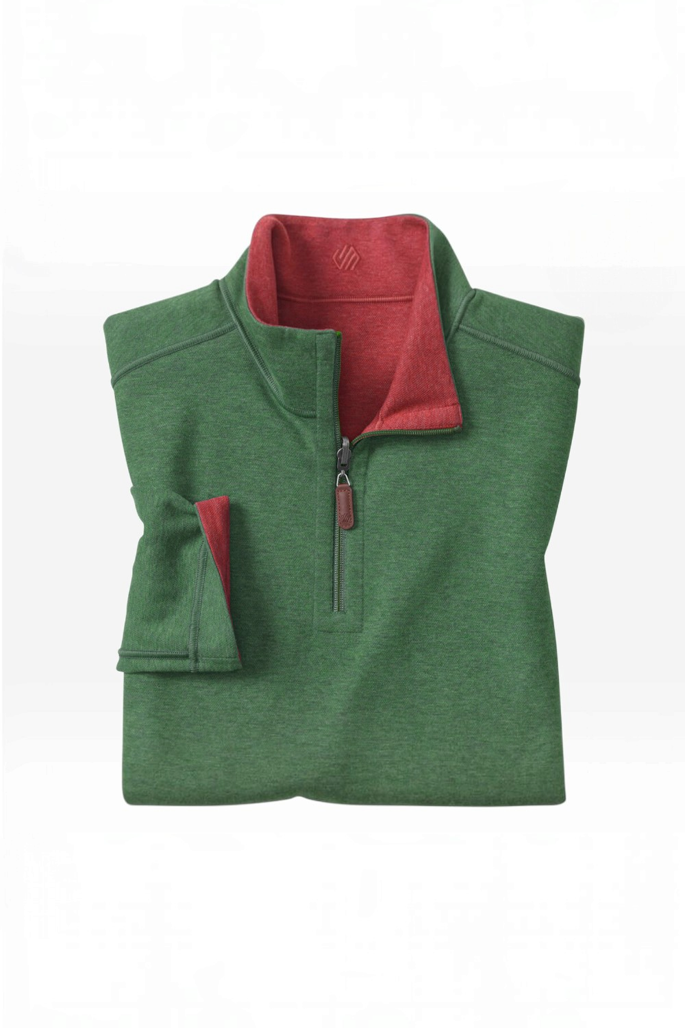 Broderick's Clothing Co. green and red reversible quarter-zip sweater with piqué and jersey knit textures.
